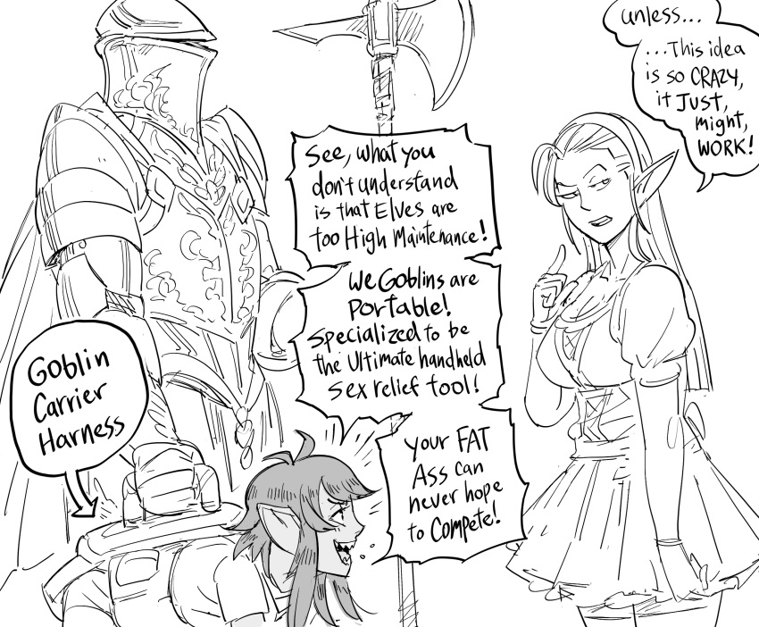 1boy 2girls armor bb_(baalbuddy) dress elf english_commentary english_text greyscale halberd headband highres holding holding_polearm holding_weapon knight monochrome multiple_girls original pointy_ears polearm shortstack simple_background speech_bubble weapon white_background