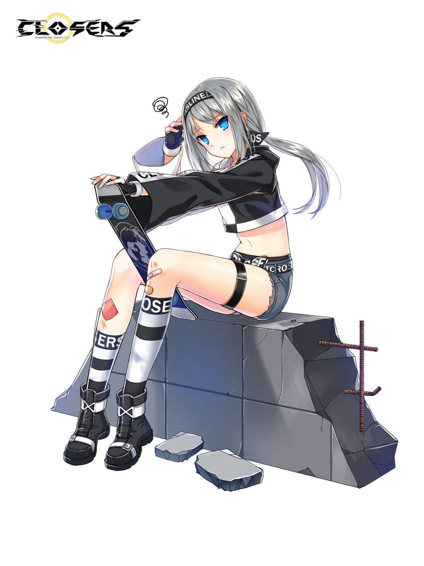 1girl bandaid belt black_footwear black_gloves blue_eyes boots bruise closers crop_top cutoffs fingerless_gloves frown gloves grey_hair grey_shorts hairband highres injury long_hair long_sleeves looking_at_viewer low_ponytail midriff navel official_art seulbi_lee shirt short_shorts shorts sitting skateboard socks solo squiggle stomach thigh_strap thighs two-tone_shirt wide_sleeves