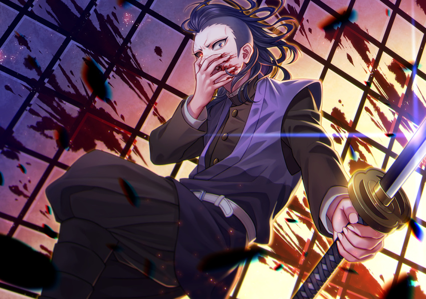 1boy belt black_hair black_pants black_sclera blood blood_on_face colored_sclera covering_mouth hand_on_own_face heterochromia holding holding_weapon katana kimetsu_no_yaiba open_mouth pants purple_vest shakushaku_(nikutama) sharp_teeth shinazugawa_genya solo sword teeth vest weapon white_belt