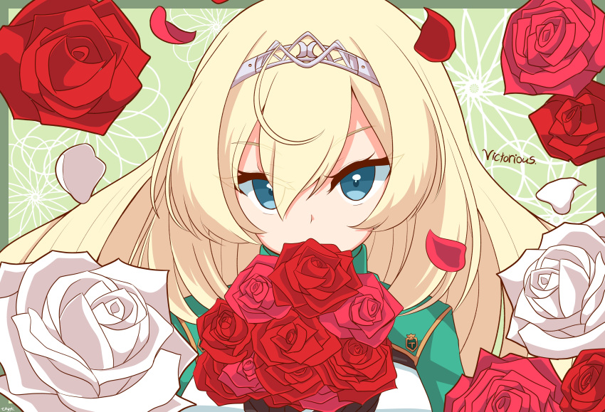 1girl absurdres bangs blonde_hair blue_eyes character_name flower hair_between_eyes highres kantai_collection long_hair looking_at_viewer petals pista_land red_flower rose signature simple_background solo tiara upper_body victorious_(kancolle) white_flower white_rose