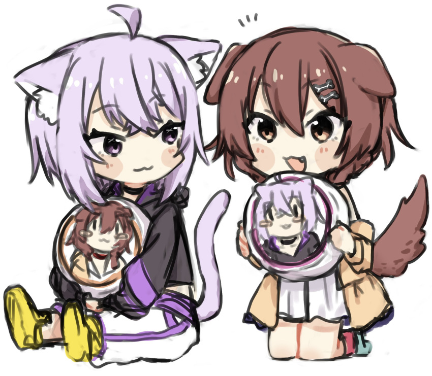 2girls :d ahoge animal_ear_fluff animal_ears bangs black_hoodie blush_stickers bone_hair_ornament brown_eyes brown_hair cartoon_bone cat_ears cat_girl cat_tail closed_mouth cushion dog_ears dog_girl dog_tail dress eyebrows_visible_through_hair fang hair_between_eyes hair_ornament highres hiiragi_mori_kanna holding hololive hood hood_down hoodie inugami_korone jacket kneeling long_sleeves multiple_girls nekomata_okayu off_shoulder open_clothes open_jacket open_mouth pants puffy_long_sleeves puffy_sleeves purple_hair red_legwear shoe_soles shoes sitting sketch sleeves_past_wrists smile tail violet_eyes virtual_youtuber white_dress white_pants yellow_footwear yellow_jacket