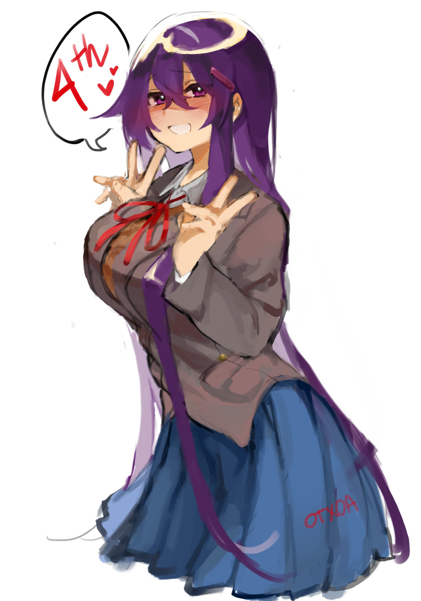1girl absurdres anniversary bangs blue_sky commentary cropped_legs doki_doki_literature_club double_v english_commentary grey_jacket grin hair_between_eyes hair_ornament hairclip heart highres jacket long_hair long_sleeves looking_at_viewer neck_ribbon otxoa60 pleated_skirt purple_hair red_neckwear red_ribbon ribbon simple_background sketch skirt sky smile solo speech_bubble spoken_heart v very_long_hair violet_eyes white_background yuri_(doki_doki_literature_club)