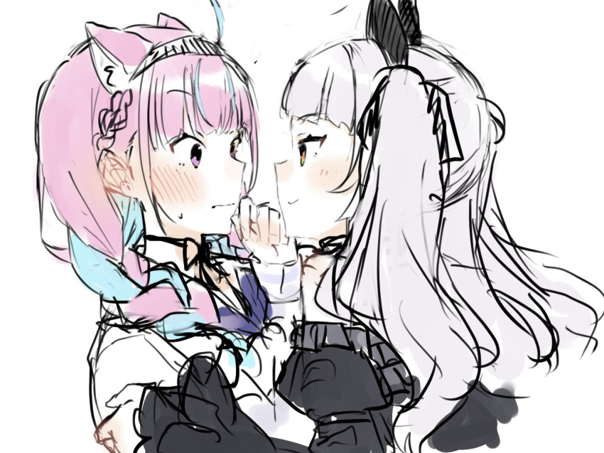 2girls ahoge animal_ear_fluff animal_ears bangs black_bow black_dress black_sleeves blue_hair blue_sailor_collar blush bow braid brown_eyes cat_ears closed_mouth cropped_torso detached_sleeves dress eye_contact eyebrows_visible_through_hair grey_hair hair_bow hair_over_shoulder hairband hand_up hiiragi_mori_kanna hololive jacket juliet_sleeves long_hair long_sleeves looking_at_another low_twintails minato_aqua multicolored_hair multiple_girls murasaki_shion pink_hair puffy_sleeves sailor_collar simple_background sketch sleeves_past_wrists smile sweat twin_braids twintails two-tone_hair two_side_up upper_body v-shaped_eyebrows violet_eyes virtual_youtuber white_background white_jacket yuri