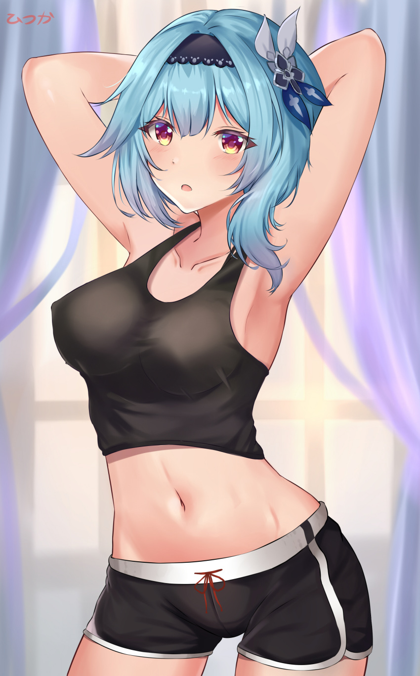 1girl absurdres alternate_costume armpits arms_behind_head arms_up bangs black_shorts blue_hair blurry collarbone commentary curtains depth_of_field eula_(genshin_impact) eyebrows_visible_through_hair genshin_impact hair_between_eyes hair_ornament hairband highres hisuka leaning_forward long_hair looking_at_viewer midriff navel orange_eyes pajamas parted_lips short_shorts shorts sidelocks solo symbol-only_commentary window