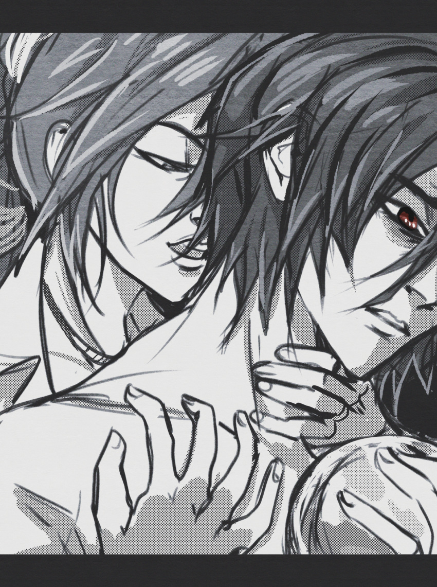 black_hair dirge_of_cerberus_final_fantasy_vii final_fantasy final_fantasy_vii greyscale hairband highres inferno long_hair looking_down lucrecia_crescent materia monochrome orb red_eyes short_hair topless_male vincent_valentine