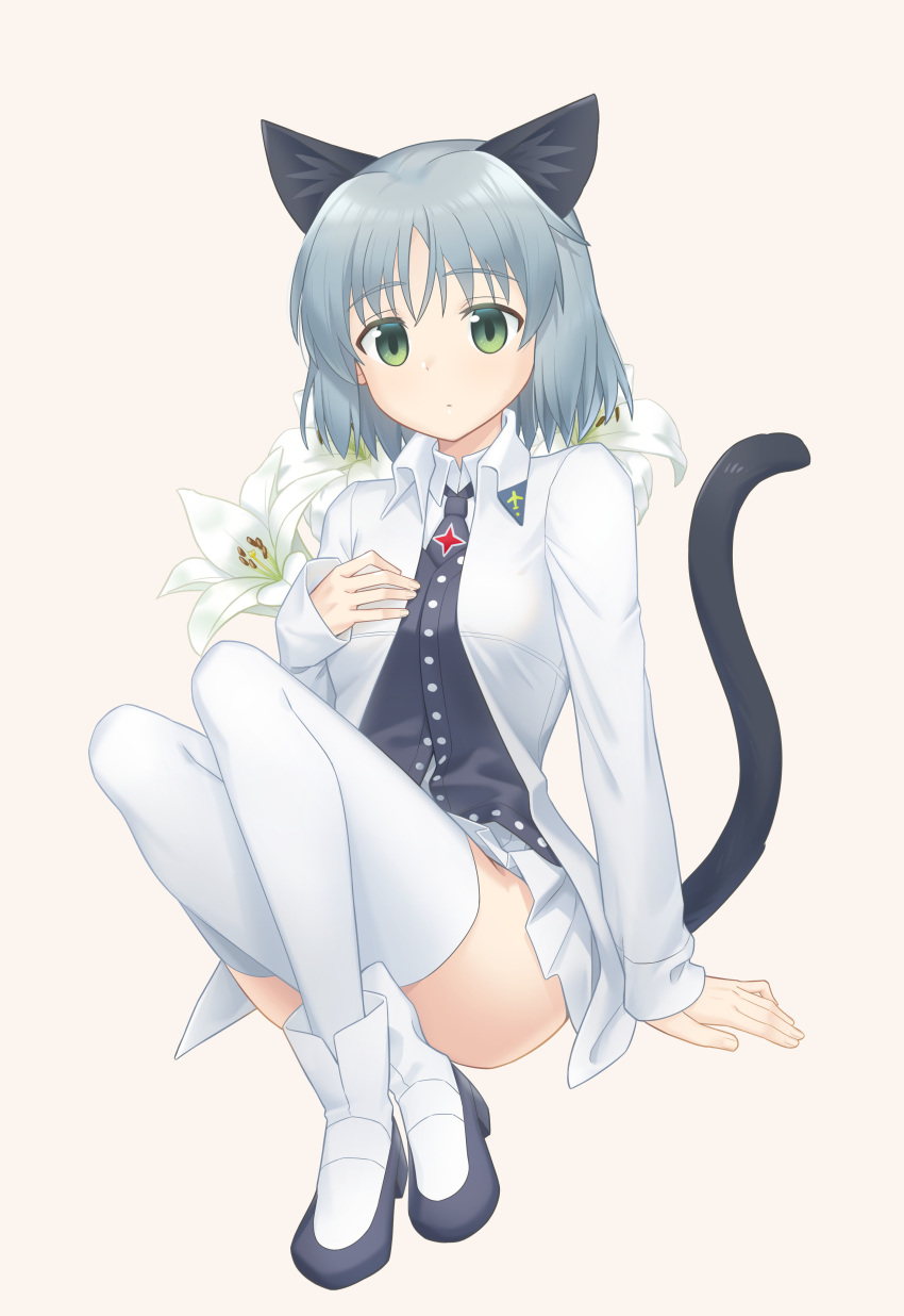 1girl absurdres animal_ears black_shirt boots cat_ears cat_tail closed_mouth dot_mouth flower full_body green_eyes grey_background grey_hair hand_on_own_chest highres jacket long_sleeves looking_at_viewer mao_lian_(nekokao) medium_hair miniskirt necktie open_clothes open_jacket pleated_skirt sanya_v._litvyak shirt simple_background skirt solo strike_witches tail thigh-highs white_flower white_footwear white_jacket white_legwear white_skirt world_witches_series