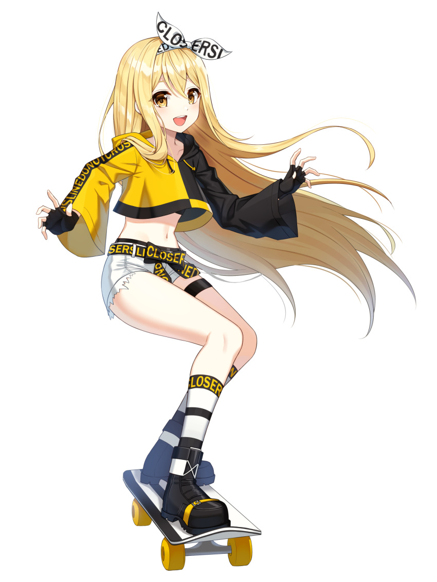 1girl :d belt black_gloves blonde_hair boots closers crop_top crop_top_overhang cutoffs drawstring fingerless_gloves floating_hair full_body gloves hair_ribbon highres hood hood_down kneehighs long_hair long_sleeves looking_at_viewer lucy_(closers) midriff navel official_art open_mouth ribbon short_shorts shorts skateboard smile solo stomach thigh_strap thighs two-tone_shirt undershirt very_long_hair white_legwear white_shorts wide_sleeves yellow_eyes