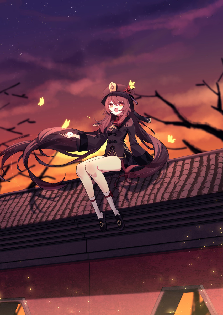 1girl absurdres bangs black_footwear black_nails branch brown_hair brown_headwear brown_jacket bug butterfly chinese_clothes flower genshin_impact hat highres hu_tao_(genshin_impact) jacket kneehighs long_hair open_mouth orange_eyes outdoors plum_blossoms rooftop sitting_on_roof sky solo ssm_(ssm82048039) star-shaped_pupils star_(symbol) sunset symbol-shaped_pupils white_legwear wide_sleeves