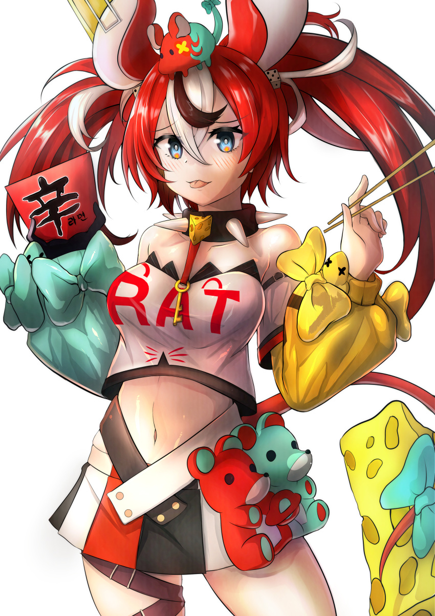 1girl absurdres animal_ears black_hair black_skirt blue_eyes breasts cheese choker chopsticks dice dice_hair_ornament food hair_ornament hakos_baelz highres hololive hololive_english key kinro medium_breasts mouse_ears mouse_girl mouse_tail mousetrap mr._squeaks_(hakos_baelz) noodles ramen ramen rat red_skirt redhead shirt skirt spiked_choker spikes tail tongue tongue_out white_hair white_shirt