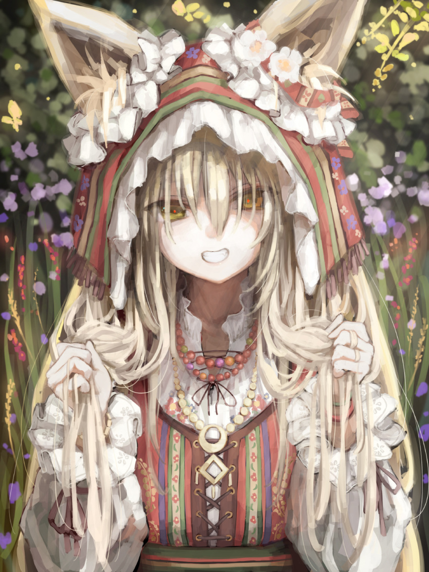 1girl animal_ear_fluff animal_ears bangs bead_necklace beads blonde_hair breasts brown_eyes clothing_request copyright_request cross-laced_clothes dress ears_through_headwear european_clothes flower forest fox_ears frilled_sleeves frills green_eyes grin hair_between_eyes highres holding holding_hair hood hood_up jewelry long_hair long_sleeves looking_at_viewer multiple_rings nature necklace original osabachan outdoors plant red_dress red_pupils ring smile solo upper_body wheat white_flower
