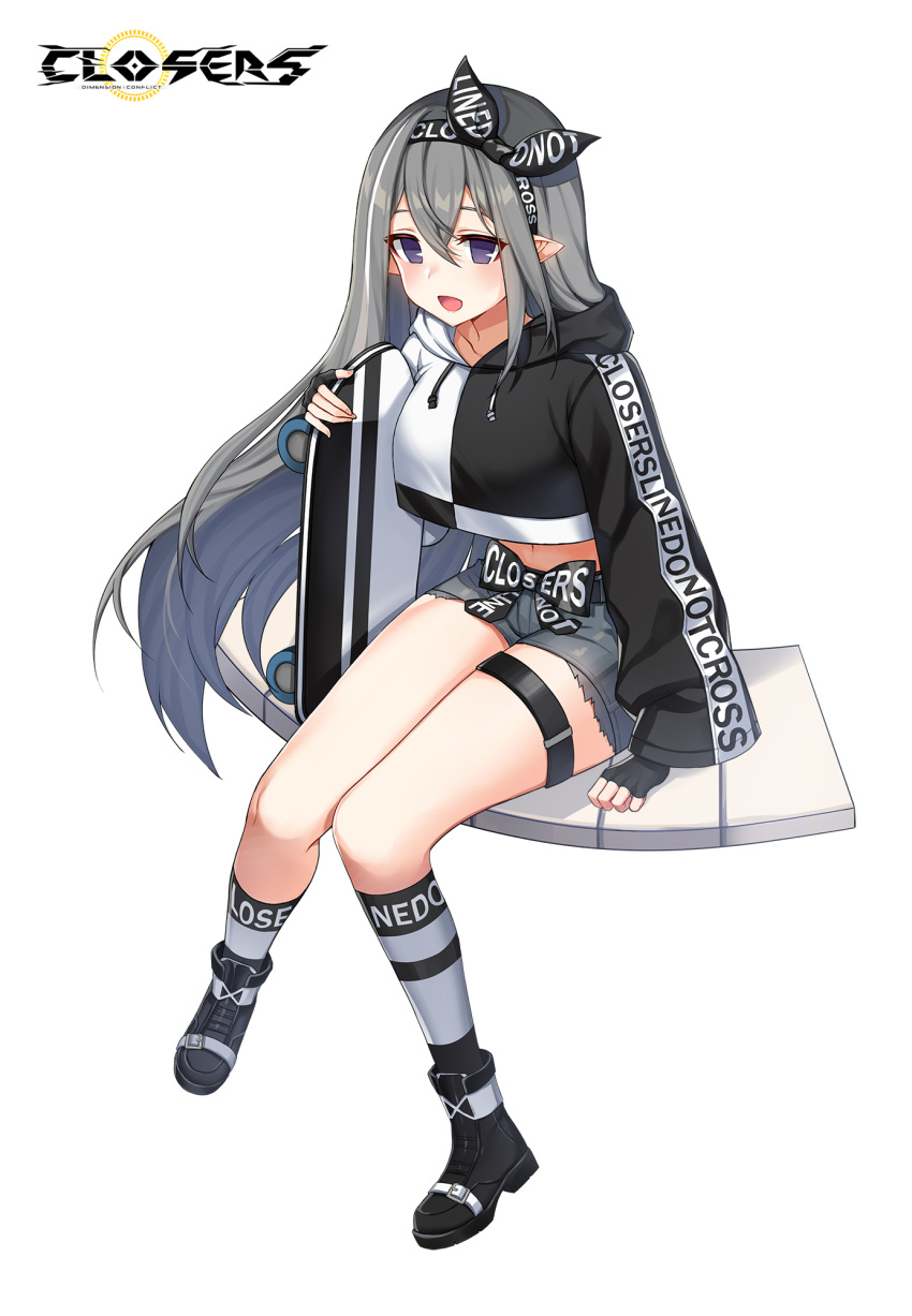 1girl :d belt black_footwear black_gloves boots closers clothes_writing crop_top crop_top_overhang cutoffs drawstring fingerless_gloves gloves grey_hair grey_shorts hair_between_eyes hairband highres holding hood hood_down levia_(closers) long_hair long_sleeves looking_at_viewer midriff multicolored_hair navel official_art open_mouth pointy_ears shirt short_shorts shorts sidelocks sitting skateboard smile socks solo streaked_hair thigh_strap thighs two-tone_shirt very_long_hair violet_eyes