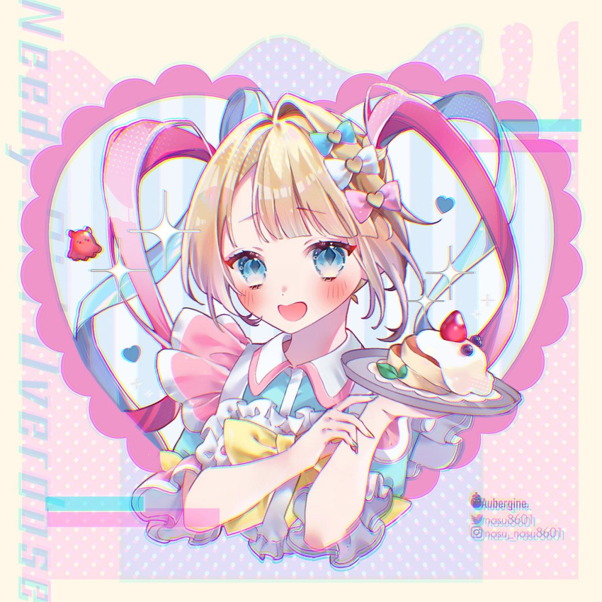1girl :d artist_name blonde_hair blue_bow blue_dress blue_eyes blue_hair blue_nails blunt_bangs blush bow chouzetsusaikawa_tenshi-chan chromatic_aberration commentary copyright_name cream cropped_torso dress food fruit hair_bow hair_ornament heart heart_hair_ornament highres holding holding_plate instagram_username long_hair looking_at_viewer maid multicolored_hair multicolored_nails nasu8601 needy_girl_overdose octopus official_alternate_costume open_mouth pancake pink_bow pink_hair pink_nails plate polka_dot polka_dot_background quad_tails smile solo sparkle strawberry sweets_paradise symbol-only_commentary twintails twitter_username upper_body white_bow yellow_bow yellow_nails