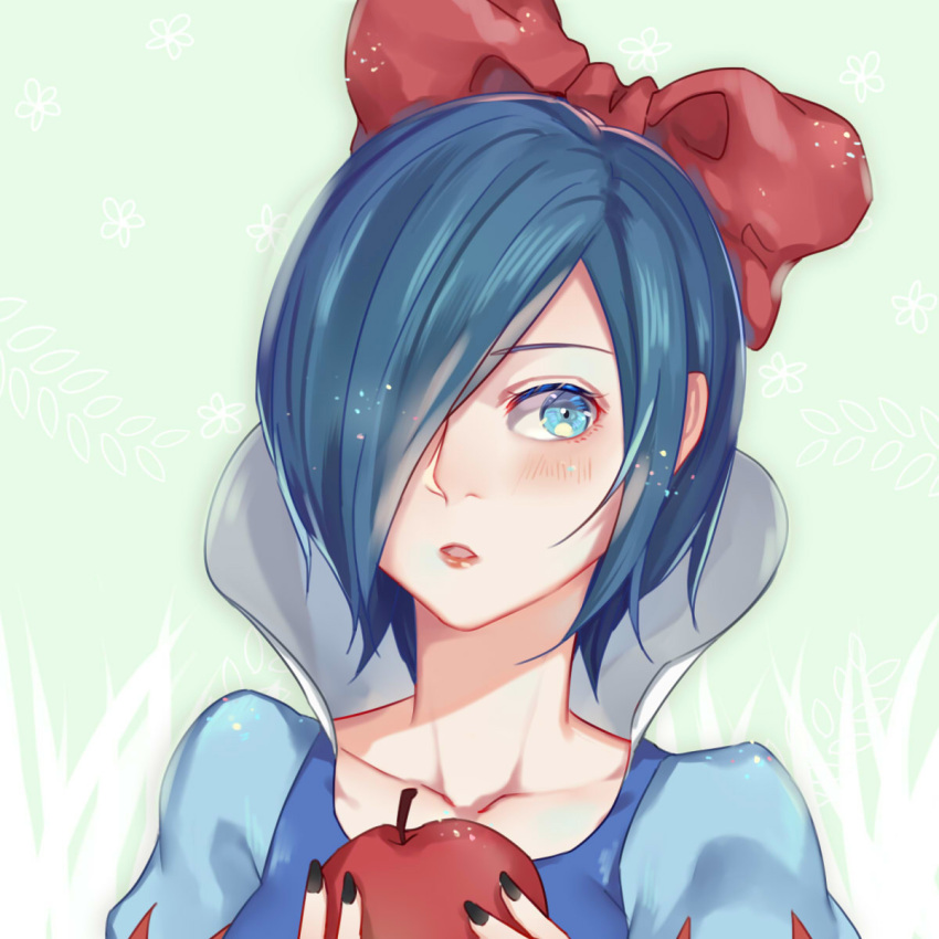 1girl :o apple bangs black_nails blue_dress blue_eyes blush bow collarbone dress food fruit g4265059 grass_print green_background hair_bow hair_over_one_eye highres holding holding_food holding_fruit kirishima_touka nail_polish red_apple red_bow red_lips simple_background symbol-only_commentary tokyo_ghoul