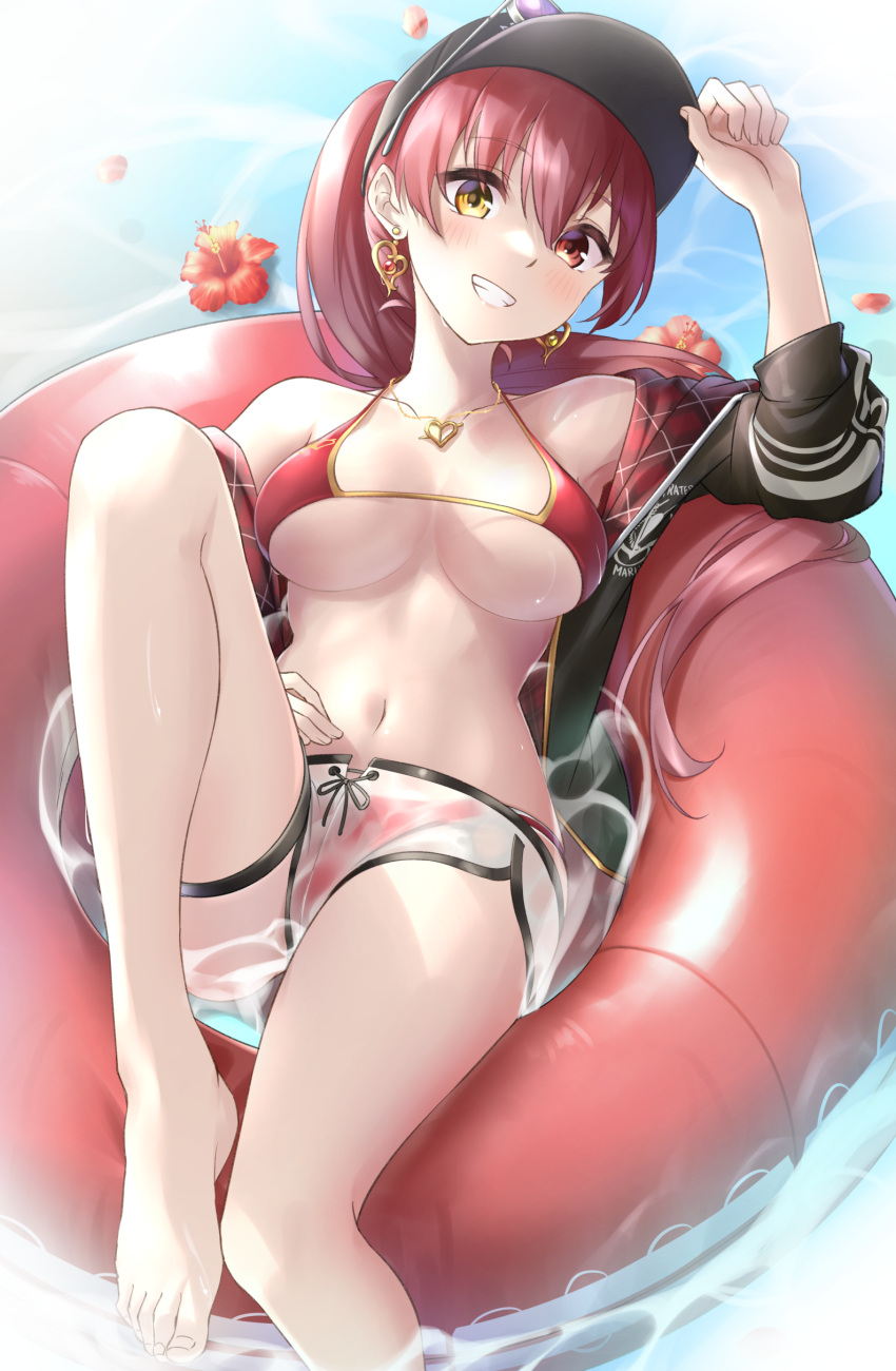 1girl absurdres bare_shoulders barefoot bikini bikini_under_clothes black_jacket breasts breasts_apart collarbone dolphin_shorts earrings grin halter_top halterneck heart heart_earrings heart_necklace heterochromia highres hololive houshou_marine innertube jacket jewelry large_breasts leg_up long_hair looking_at_viewer lying navel on_back ponytail red_bikini red_eyes redhead see-through_shorts short_shorts shorts smile solo stomach string_bikini swimsuit thigh_strap toenails toes tsurupy virtual_youtuber water wet wet_shorts white_shorts yellow_eyes