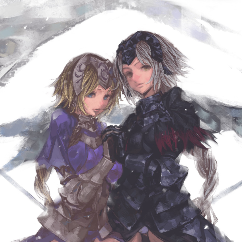 2girls armor blonde_hair braid closed_mouth fate/apocrypha fate/grand_order fate_(series) headpiece highres holding_hands jeanne_d'arc_(alter)_(fate) jeanne_d'arc_(fate) jeanne_d'arc_(fate/apocrypha) kazama_raita long_hair looking_at_viewer multiple_girls panties smile underwear white_panties