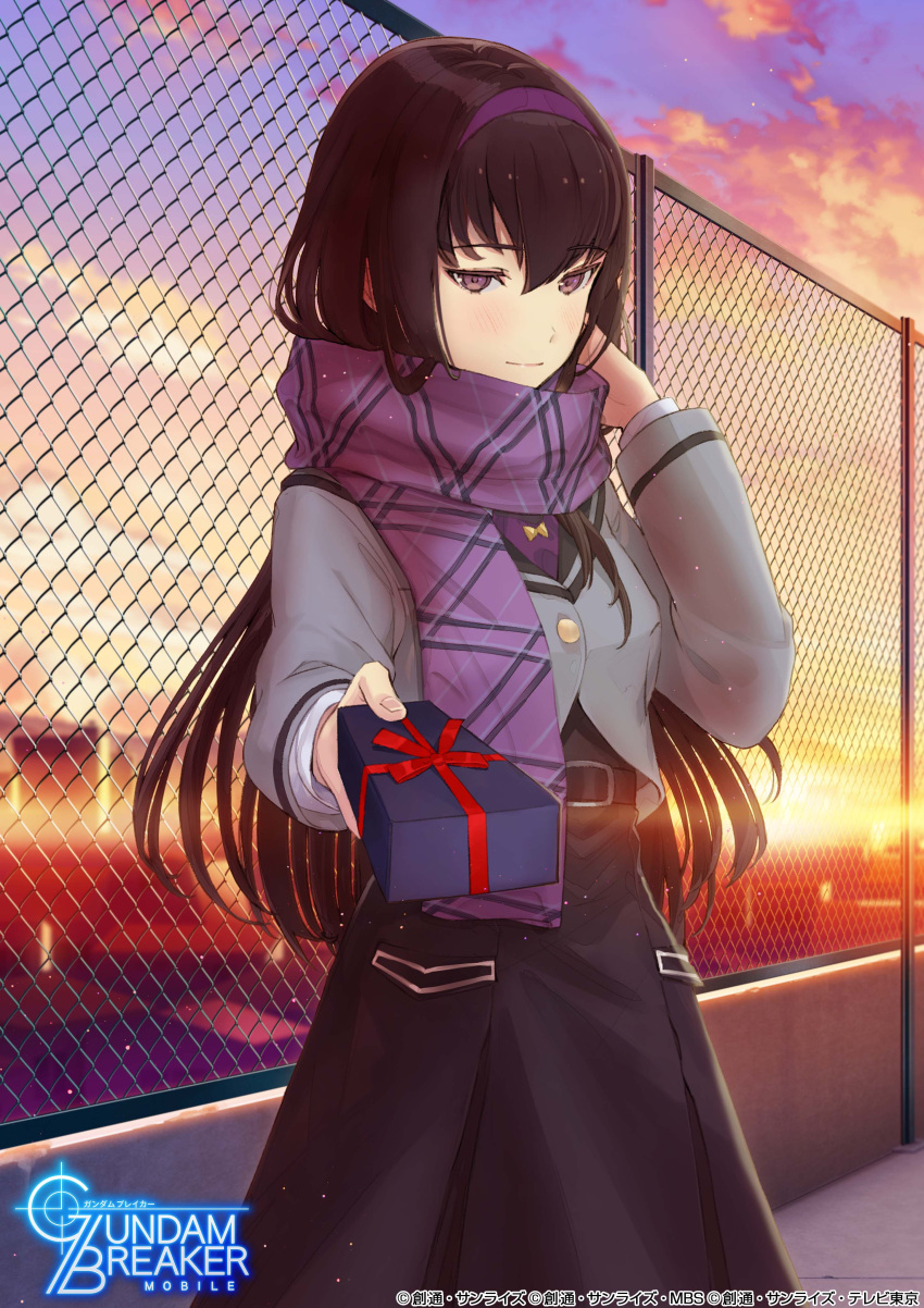 1girl absurdres artist_request belt belt_buckle black_hair black_skirt blurry blurry_background blush box box_of_chocolates breasts buckle buttons clouds cloudy_sky commentary copyright copyright_name cropped_jacket fence giving grey_jacket gundam gundam_breaker_mobile hairband highres incoming_gift jacket kuzunoha_rindou lens_flare long_hair long_skirt official_art purple_hairband purple_scarf ribbon rooftop scarf school school_uniform skirt sky sleeve_cuffs small_breasts solo straight_hair sun sunset valentine violet_eyes