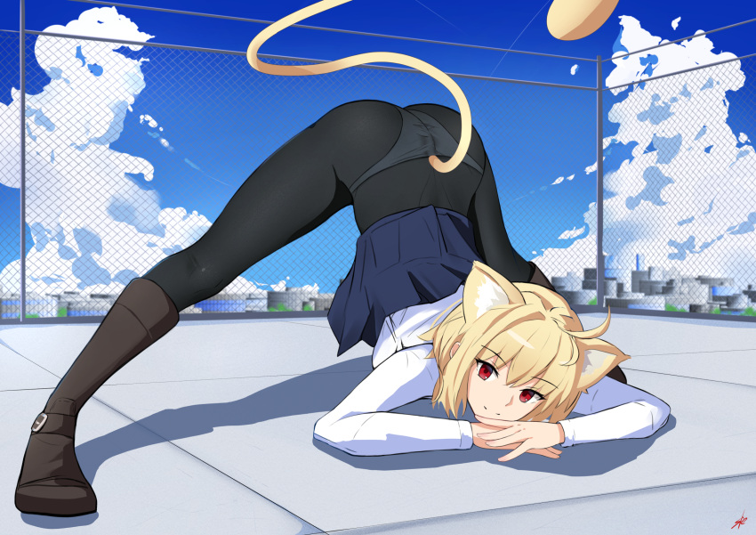 1girl animal_ears arcueid_brunestud ass bangs black_footwear black_legwear blonde_hair blue_skirt blue_sky buckle cat_ears cat_tail closed_mouth clouds eyebrows_visible_through_hair full_body highres isetnation jack-o'_challenge kemonomimi_mode long_sleeves looking_at_viewer outdoors panties panties_under_pantyhose pantyhose red_eyes shirt short_hair skirt sky smile solo tail thighs top-down_bottom-up tsukihime underwear white_shirt