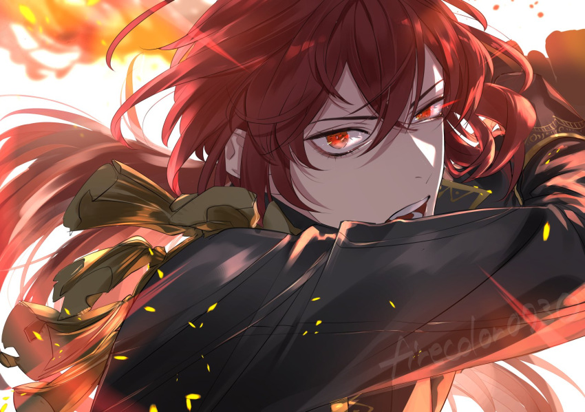 1boy bangs black_jacket crossed_bangs diluc_(genshin_impact) fire genshin_impact gloves hair_between_eyes highres hiiro_(coinxtossxdive) jacket long_hair long_sleeves looking_at_viewer male_focus open_mouth ponytail red_eyes redhead simple_background solo twitter_username upper_body white_background