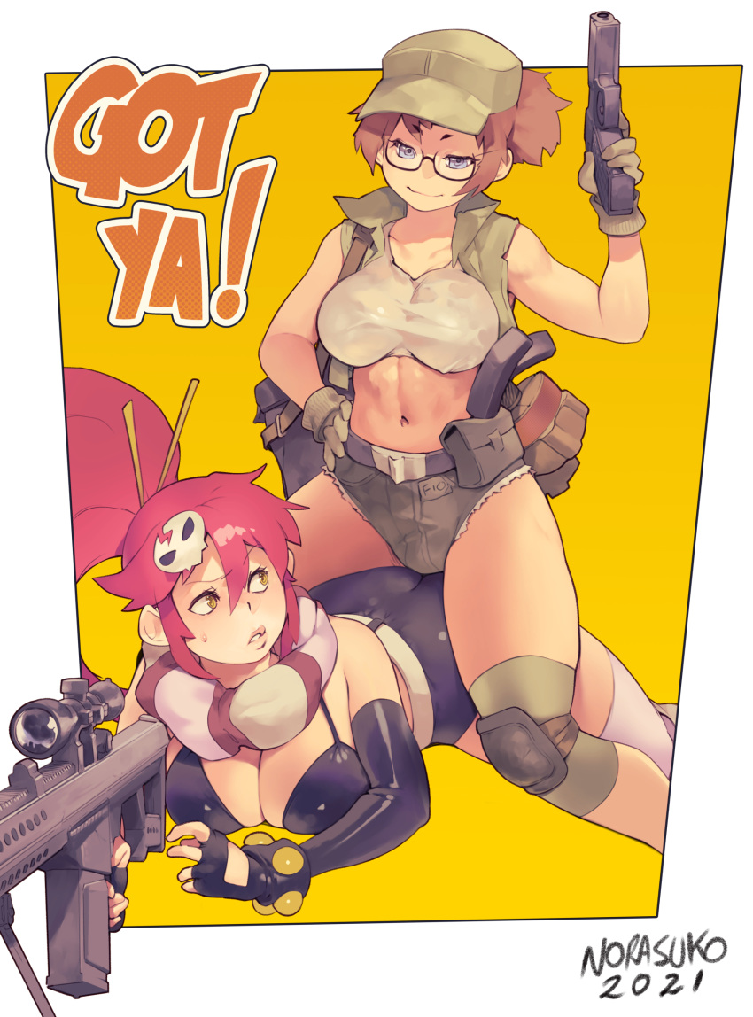 2girls absurdres anti-materiel_rifle artist_name bikini black-framed_eyewear black_shorts blue_eyes breasts brown_hair closed_mouth commentary crossover dated english_commentary fio_germi glasses green_headwear grey_shorts gun hair_between_eyes hair_ornament handgun hat highres holding holding_gun holding_weapon large_breasts long_hair looking_at_another lying metal_slug multiple_girls norasuko on_stomach pistol ponytail redhead rifle scarf short_hair shorts simple_background sitting sitting_on_person skull_hair_ornament smile sniper_rifle striped striped_scarf swimsuit thighs two-tone_background weapon white_background yellow_background yellow_eyes yoko_littner