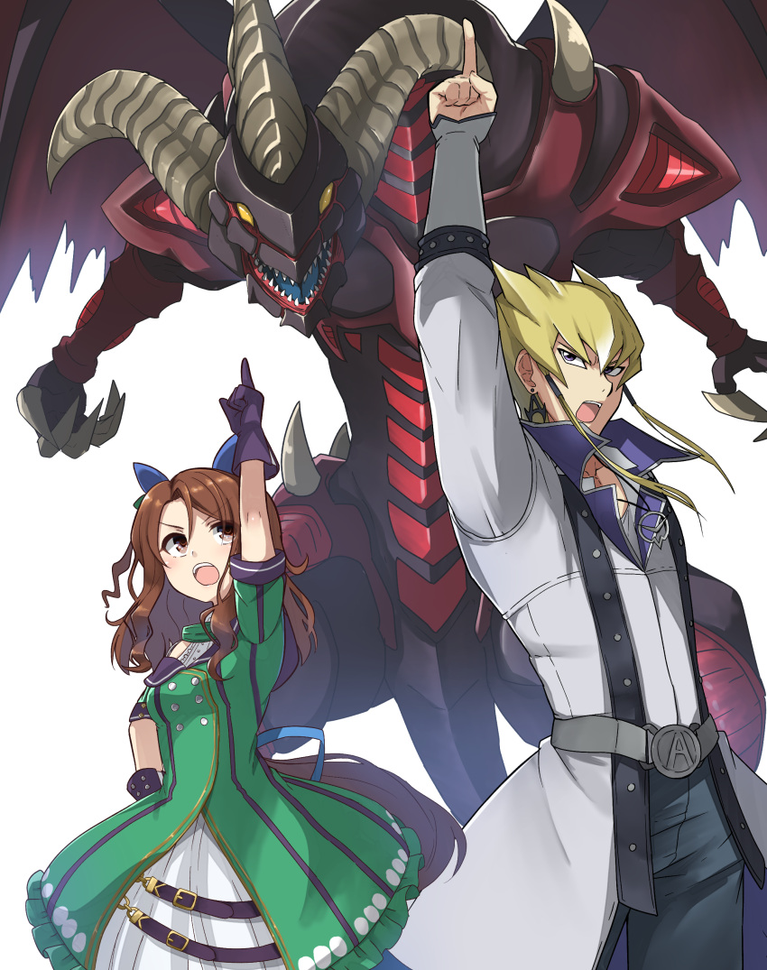 1boy 1girl absurdres animal_ears belt blonde_hair brown_eyes brown_hair coat commission cowboy_shot crossover dress duel_monster ear_covers earrings gloves hair_between_eyes hand_on_hip highres horse_ears horse_girl horse_tail index_finger_raised jack_atlas jewelry kagari3 king_halo_(umamusume) long_hair long_sleeves namesake necklace open_mouth pants pointing pointing_up red_dragon_archfiend short_hair short_sleeves skeb_commission spiky_hair tail umamusume violet_eyes yellow_eyes yu-gi-oh! yu-gi-oh!_5d's