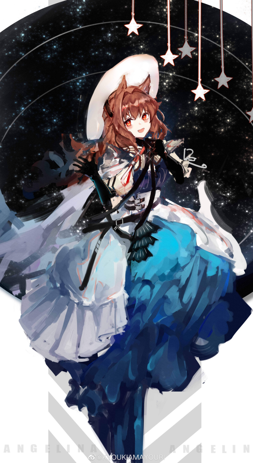 1girl :d absurdres amayouri angelina_(arknights) animal_ears arknights astesia_(arknights) astesia_(arknights)_(cosplay) astesia_(starseeker)_(arknights) astesia_(starseeker)_(arknights)_(cosplay) black_gloves blue_dress chinese_commentary commentary_request cosplay dress elbow_gloves fox_ears gloves hair_intakes hat highres looking_at_viewer official_alternate_costume open_mouth red_eyes smile solo star_(sky) star_(symbol) two-tone_dress waving white_dress white_headwear