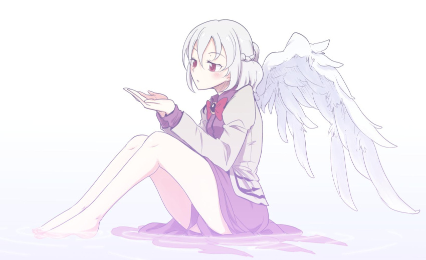 1girl angel_wings arms_up barefoot beige_jacket blush bow bowtie braid dress eyebrows_visible_through_hair feathered_wings french_braid hair_between_eyes highres joyfull_(terrace) kishin_sagume long_sleeves palms purple_dress red_eyes red_neckwear ripples short_hair silver_hair simple_background single_wing sitting solo thighs touhou water white_background wings