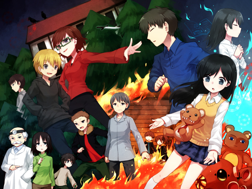 3girls 6+boys bald black_eyes black_hair blazer blonde_hair brown_hair bug father_and_daughter fire fur_jacket glasses grey_hair head_mirror highres hood ishikawa_kirisaku itou_shousuke jacket kamikura_seiji keito_(mayonaka_no_ningyoutsukai) kishikawa_midori knife labcoat long_hair makita_hiroshi mayonaka_no_ningyoutsukai michino_mayo michino_miki michino_souta mikan_(ama_no_hakoniwa) mister_masper mobiac moegi_shun mother_and_daughter mukimuki multiple_boys multiple_girls old old_man pleated_skirt scalpel school_uniform sharp_teeth short_hair skirt smile stuffed_animal stuffed_toy sweater_vest takahashi_miren teddy_bear teeth wrinkled_skin