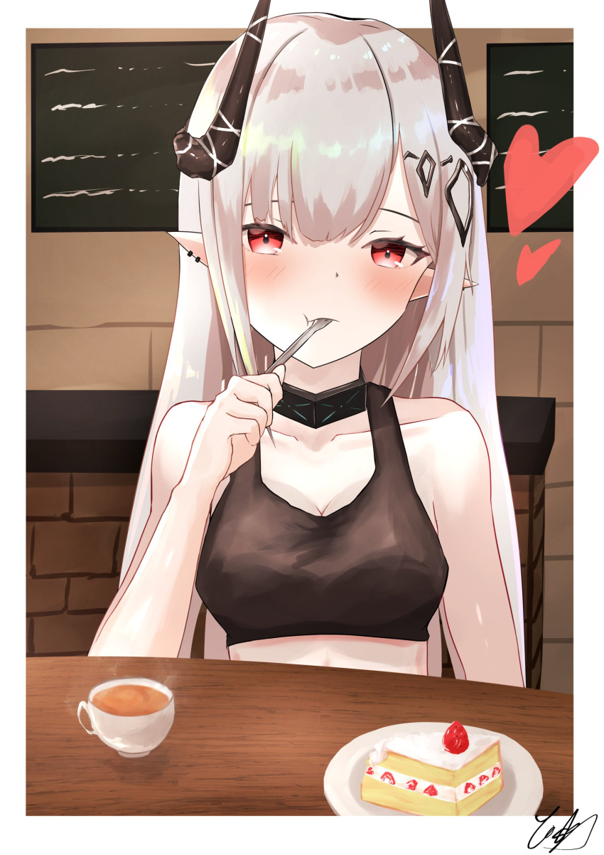 1girl absurdres arknights bangs bare_shoulders blush cake crop_top cup demon_girl demon_horns eating food fork highres holding holding_fork horns infection_monitor_(arknights) long_hair mudrock_(arknights) pointy_ears red_eyes silver_hair solo teacup yoshi-j