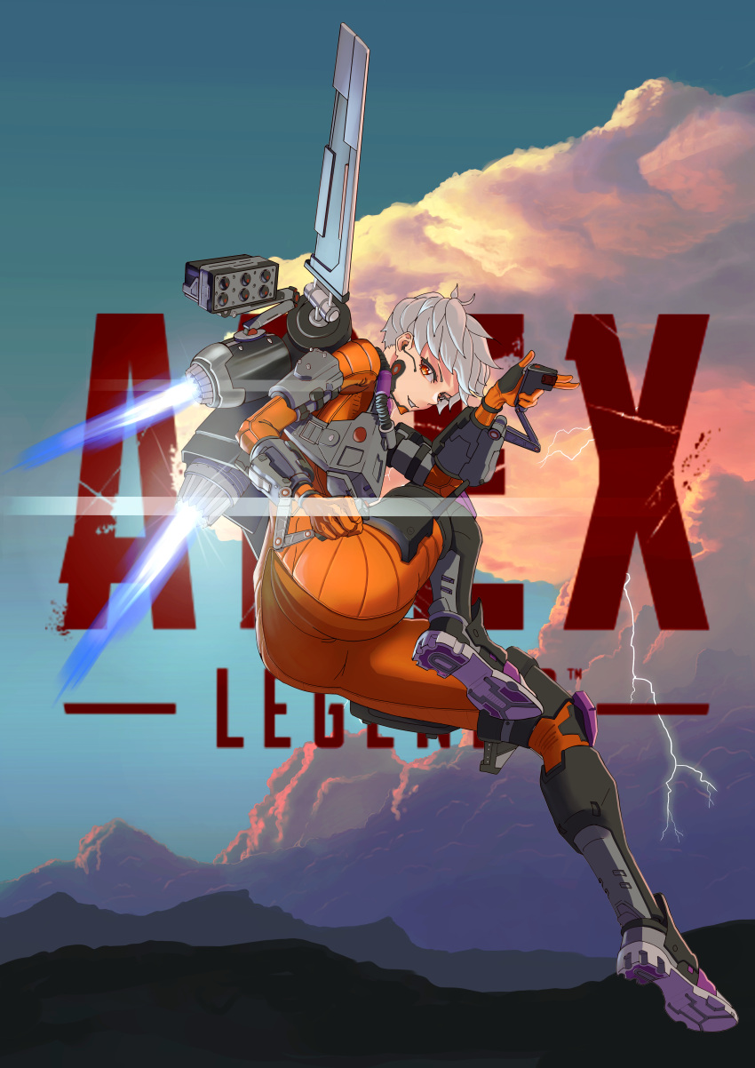 absurdres apex_legends ass black_footwear bodysuit clouds copyright_name finger_gun floating hair_behind_ear highres huge_filesize in-universe_location jetpack lightning logo looking_to_the_side metal_boots mountain orange_bodysuit orange_eyes parted_lips science_fiction smile tbocart thrusters valkyrie_(apex_legends) world's_edge