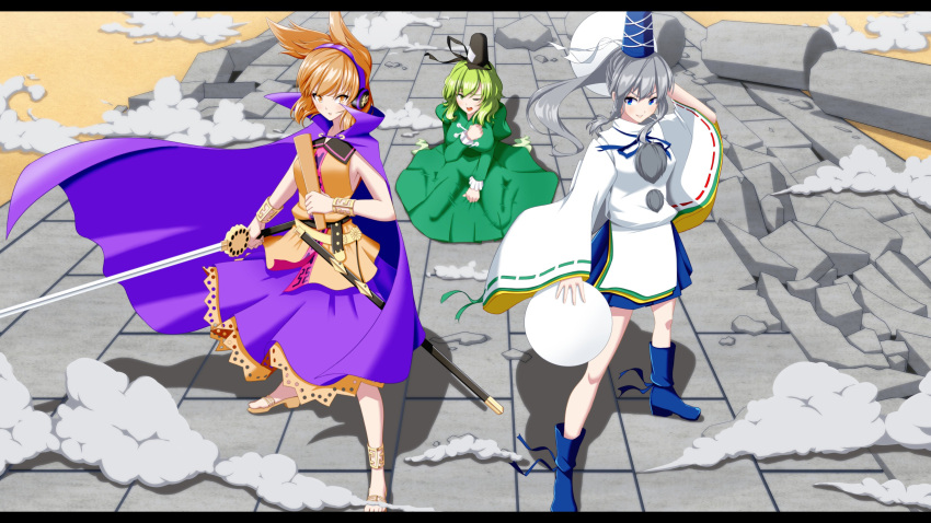 3girls absurdres arm_up blue_eyes blue_skirt blush boots breasts brown_hair cape dress earmuffs green_dress green_eyes green_hair grey_hair grin hair_between_eyes hat highres japanese_clothes kariginu kpiclike large_breasts long_hair long_sleeves looking_at_viewer mononobe_no_futo multiple_girls one_eye_closed open_mouth plate pointy_hair pom_pom_(clothes) purple_cape purple_skirt ribbon-trimmed_sleeves ribbon_trim ritual_baton sandals scabbard seiza sheath shirt short_hair sitting skirt sleeveless sleeveless_shirt smile smoke soga_no_tojiko stone_floor sword tate_eboshi touhou toyosatomimi_no_miko v-shaped_eyebrows weapon wide_sleeves