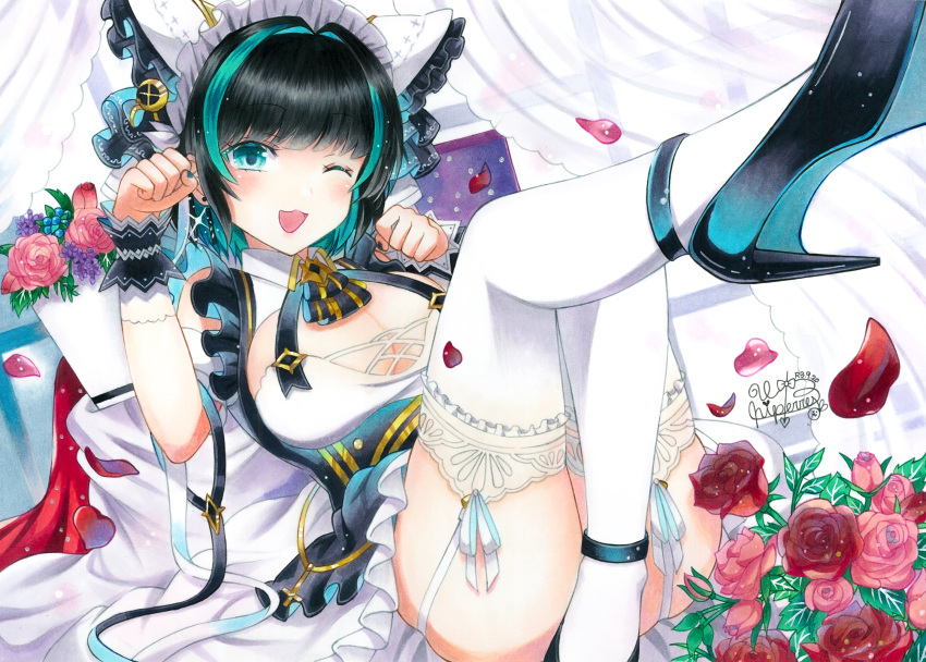 1girl aqua_eyes aqua_hair azur_lane bangs black_hair blunt_bangs blush breasts cheshire_(azur_lane) curtains flower high_heels highres large_breasts looking_at_viewer mixed-language_commentary multicolored_hair one_eye_closed open_mouth petals pink_flower pink_rose reclining red_flower red_rose rose short_hair signature solo traditional_media two-tone_hair whipberry white_legwear window