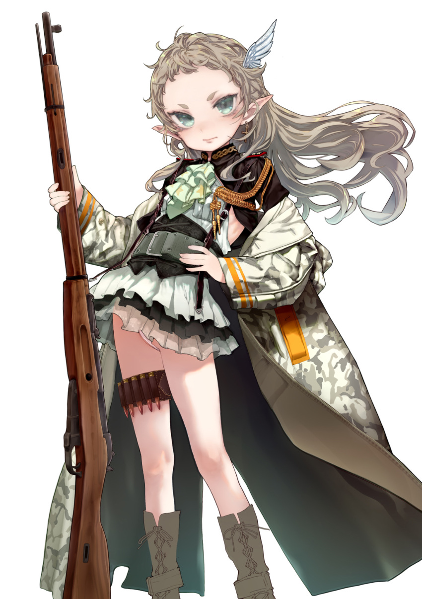 1girl ascot boots bullet character_request closed_mouth coat eiyuu_senki eiyuu_senki_ww flat_chest floating_hair green_eyes green_neckwear grey_hair gun hair_ornament hand_on_hip highres holding holding_gun holding_weapon long_hair long_sleeves looking_at_viewer mochi_(circle_rin) official_art open_clothes open_coat pointy_ears rifle simple_background solo standing weapon weapon_request white_background