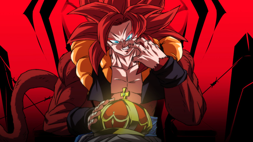 1boy big_hair blue_eyes crown dragon_ball dragon_ball_gt fur glowing glowing_eyes gogeta king_(vocaloid) male_focus metamoran_vest monkey_tail muscular muscular_male pectorals red_background redhead rom_(20) sitting solo spiky_hair super_saiyan super_saiyan_4 tail