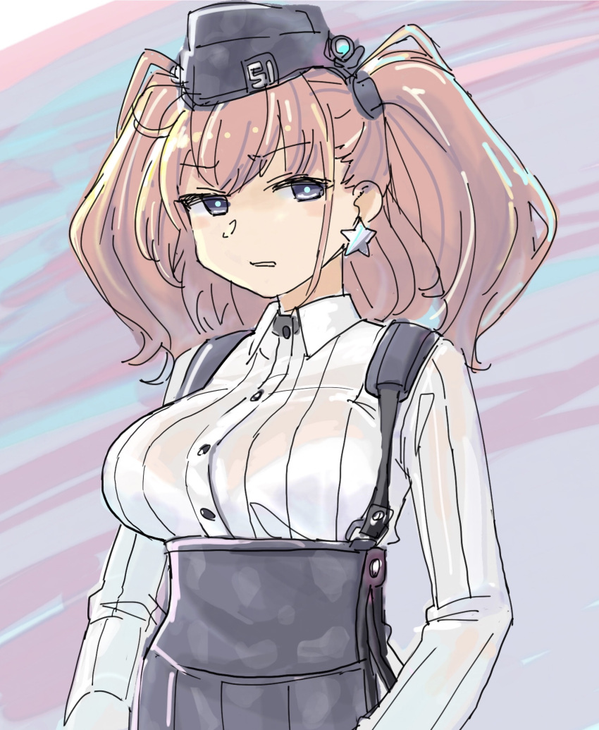 1girl atlanta_(kancolle) black_skirt bra bra_through_clothes breasts brown_hair earrings eyebrows_visible_through_hair garrison_cap grey_eyes hat high-waist_skirt highres jewelry kantai_collection large_breasts long_sleeves looking_to_the_side mizuki_kyou see-through shirt skirt solo star_(symbol) star_earrings suspender_skirt suspenders two_side_up underwear upper_body white_shirt