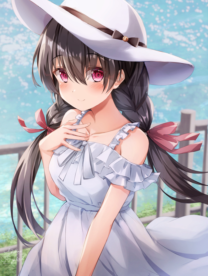 1girl absurdres bare_shoulders blush braid breasts character_request closed_mouth collarbone dress eyebrows_visible_through_hair frilled_dress frilled_straps frills grimoire_~shiritsu_grimoire_mahou_gakuen~ hair_between_eyes hand_on_own_chest hat highres long_hair looking_at_viewer medium_breasts off-shoulder_dress off_shoulder smile solo sun_hat sundress twin_braids twintails white_dress white_headwear yukikawa_sara