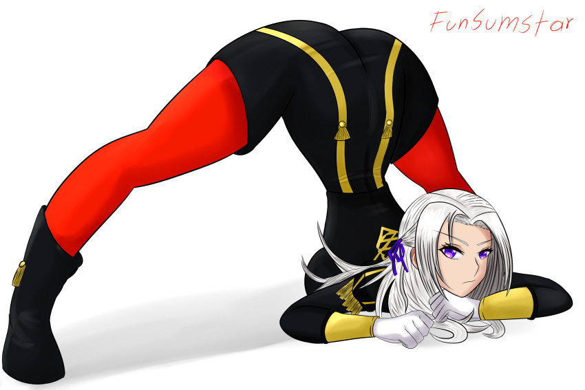 1girl angry arm_rest ass boots deviantart_username edelgard_von_hresvelg fire_emblem fire_emblem:_three_houses funsumstar444 garreg_mach_monastery_uniform gloves hair_ribbon hands_on_ground intelligent_systems jack-o'_challenge long_hair looking_at_viewer lying meme nintendo purple_ribbon ribbon solo violet_eyes white_hair wide_spread_legs