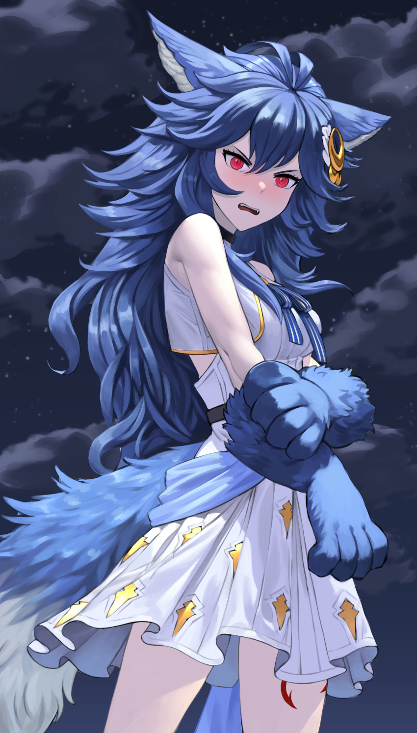 1girl absurdres ahoge animal_ears animal_hands arm_grab bangs blue_hair blue_neckwear breasts choker clouds commentary cowboy_shot crescent crescent_hair_ornament dress fangs fenrir_(shingeki_no_bahamut) granblue_fantasy hair_ornament highres light_blush long_hair looking_at_viewer medium_breasts neck_ribbon night night_sky open_mouth outdoors red_eyes ribbon shou_illust sky solo star_(sky) tail upper_teeth white_dress wolf_ears wolf_tail