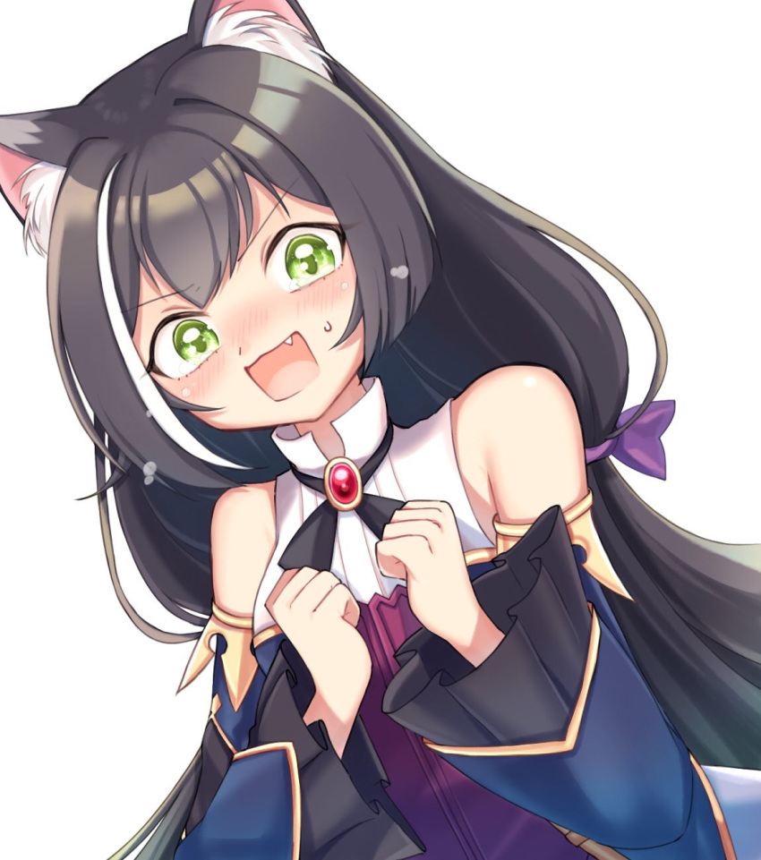 1girl :d absurdly_long_hair animal_ears bangs black_hair blush cat_ears clenched_hands commentary_request detached_sleeves embarrassed eyebrows_visible_through_hair fang green_eyes hair_between_eyes highres karyl_(princess_connect!) long_hair looking_at_viewer low_twintails multicolored_hair open_mouth princess_connect! shishamo_(syamo_shi) sidelocks simple_background sleeveless smile solo streaked_hair sweat twintails two-tone_hair v_arms very_long_hair white_background wide_sleeves