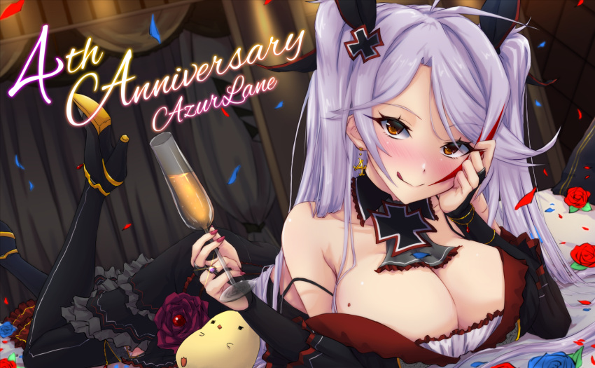 1girl :q alternate_costume azur_lane bare_shoulders black_collar black_dress black_ribbon blue_flower blue_rose blush breasts bridal_gauntlets champagne_flute collar cup detached_collar dress drinking_glass earrings flower frilled_dress frills hair_ribbon highres holding holding_cup indoors jewelry large_breasts light_purple_hair looking_at_viewer lying manjuu_(azur_lane) mole mole_on_breast multicolored_hair on_stomach petals prinz_eugen_(azur_lane) red_flower red_rose redhead ribbon ring rose streaked_hair tongue tongue_out two-tone_hair waa!_okami