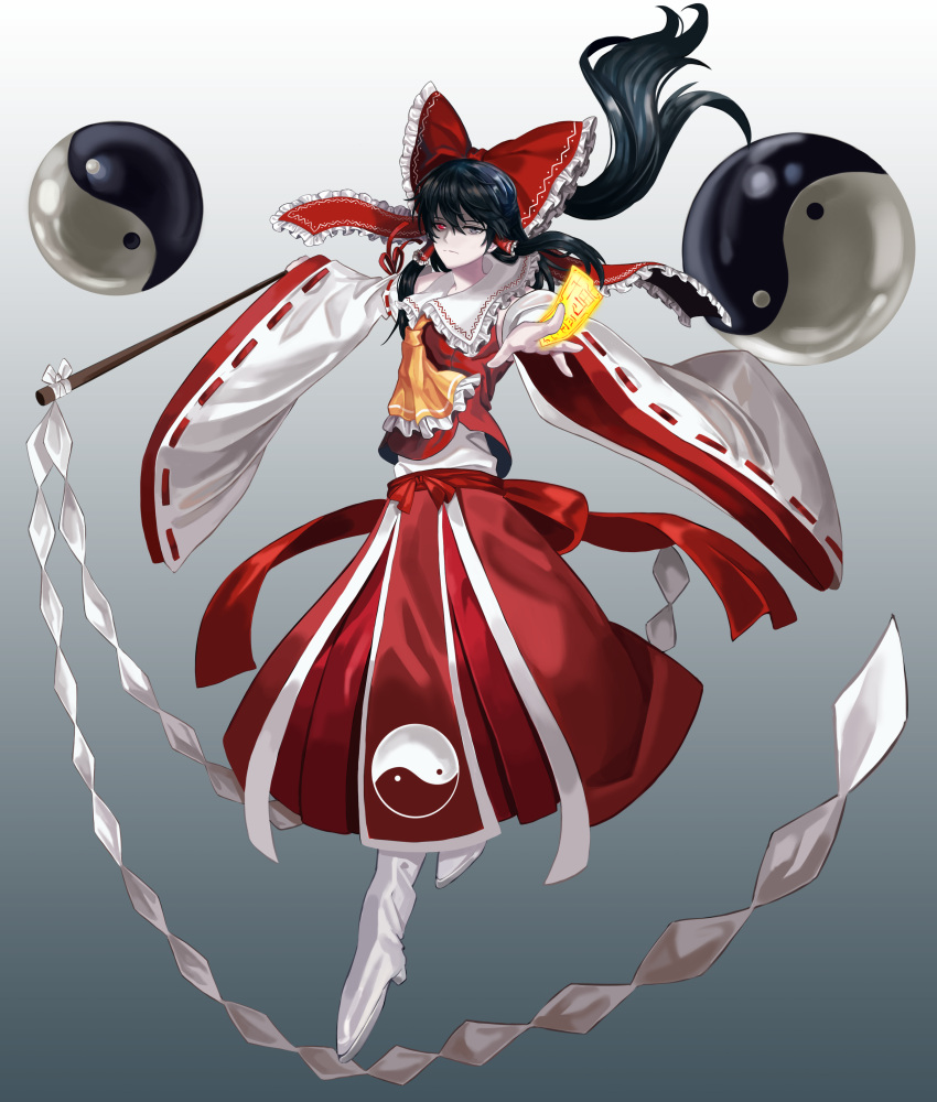 1girl :| absurdres ascot bangs between_fingers black_hair boots bow closed_mouth commentary eyebrows_visible_through_hair frilled_shirt_collar frills gohei grey_background grey_eyes hair_between_eyes hair_bow hair_tubes hakurei_reimu heterochromia highres long_hair long_sleeves looking_at_viewer ofuda orb ponytail red_bow red_eyes red_skirt red_vest reki_(user_rcrd4534) ribbon-trimmed_sleeves ribbon_trim skirt solo touhou vest white_footwear wide_sleeves yin_yang yin_yang_orb yin_yang_print