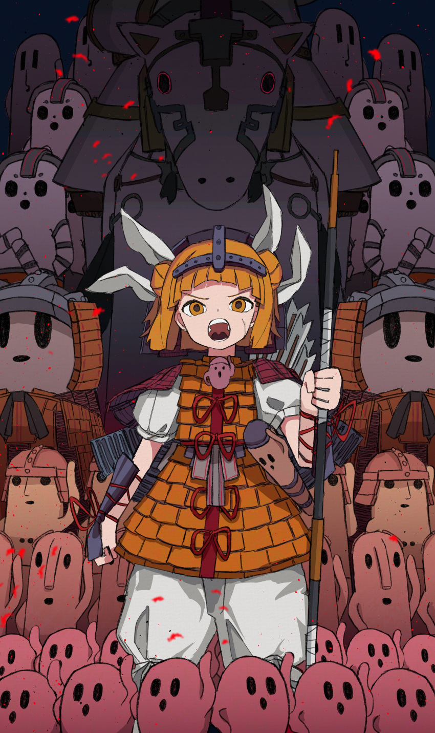 1girl absurdres bangs blunt_bangs cavalry clothes cracked_skin double_bun eyebrows_visible_through_hair hair_ribbon haniwa_(statue) highres holding holding_polearm holding_spear holding_weapon infantry joutouguu_mayumi neruzou open_mouth pants polearm ribbon short_hair spear touhou v-shaped_eyebrows weapon white_pants white_ribbon wrist_guards yellow_armor