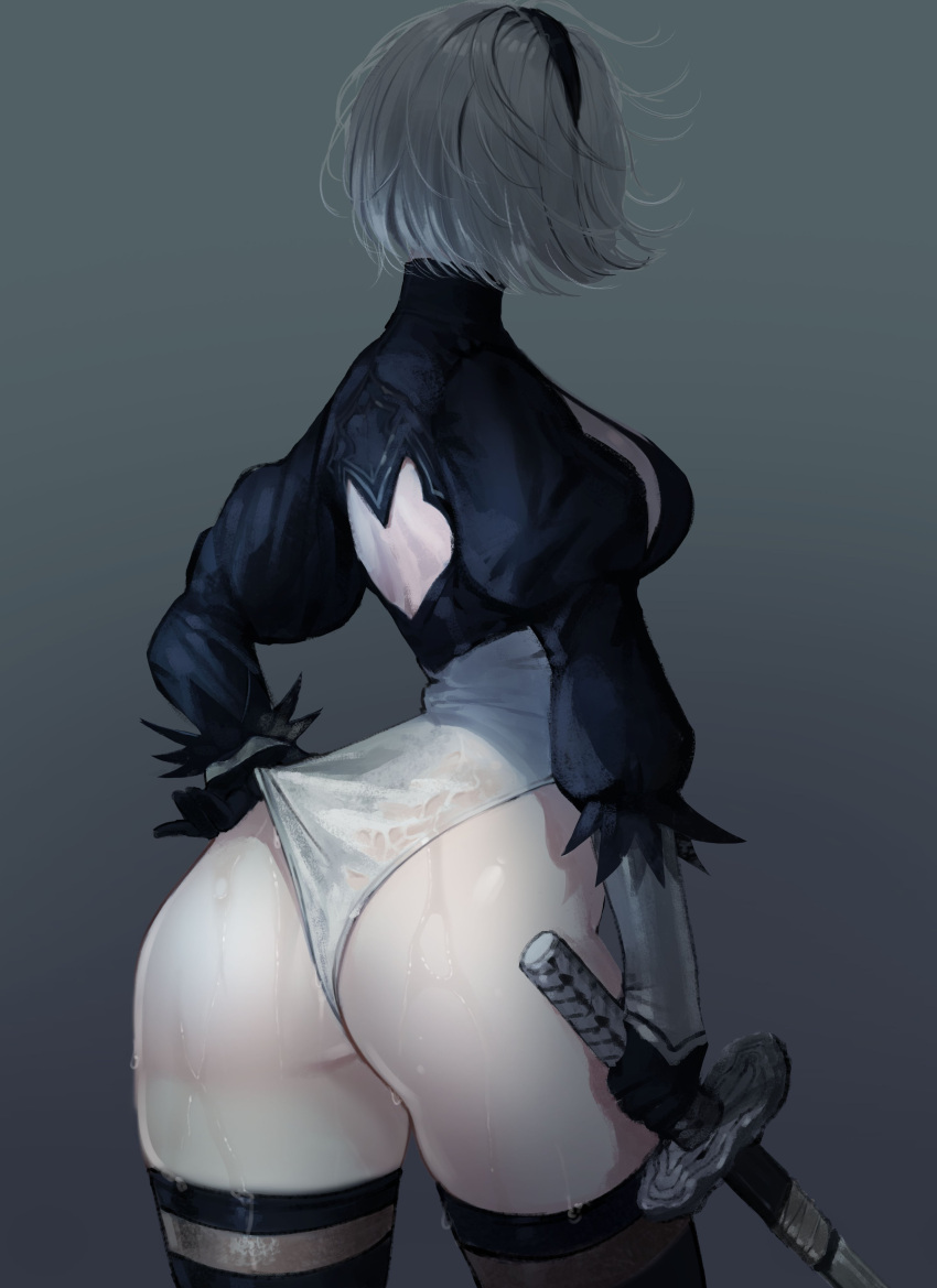 1girl absurdres ass ass_focus back_cutout black_gloves breasts clothing_cutout from_behind gg_amang gloves grey_hair highres holding holding_sword holding_weapon juliet_sleeves katana leotard leotard_pull long_sleeves medium_breasts nier_(series) nier_automata puffy_sleeves short_hair solo sweat sword thigh-highs weapon wet wet_clothes white_leotard yorha_no._2_type_b