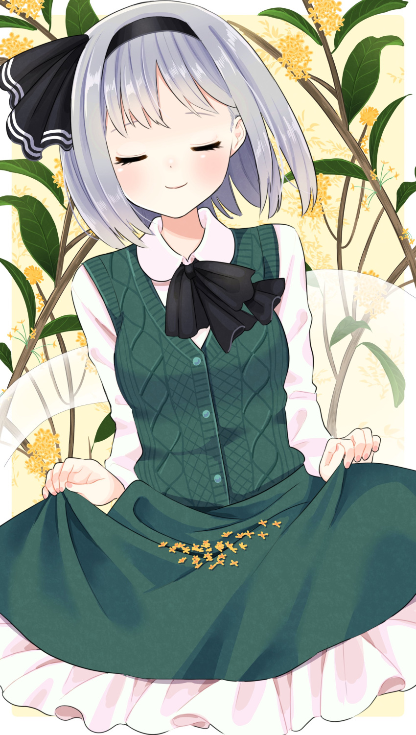 1girl absurdres bangs black_bow black_hairband black_neckwear blush border bow bowtie buttons closed_eyes closed_mouth collar collared_shirt dress eyebrows_visible_through_hair floral_background flower ghost green_dress grey_hair hairband highres konpaku_youmu konpaku_youmu_(ghost) leaf long_sleeves petals pink_nails shirt short_hair smile solo stigma1101 touhou white_border white_shirt white_sleeves yellow_background yellow_flower