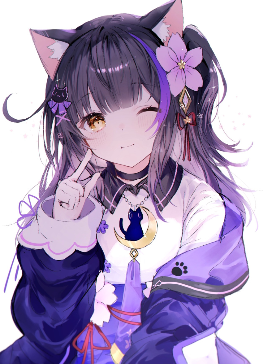 1girl ;t animal_ear_fluff animal_ears black_choker black_hair blush brown_eyes cat_ears choker closed_mouth collared_shirt commentary_request copyright_request crescent flower hair_flower hair_ornament hand_up head_tilt highres jacket long_hair multicolored_hair noyu_(noyu23386566) one_side_up open_clothes open_jacket pink_flower purple_hair purple_jacket purple_neckwear purple_skirt shirt simple_background skirt solo streaked_hair upper_body virtual_youtuber white_background white_shirt
