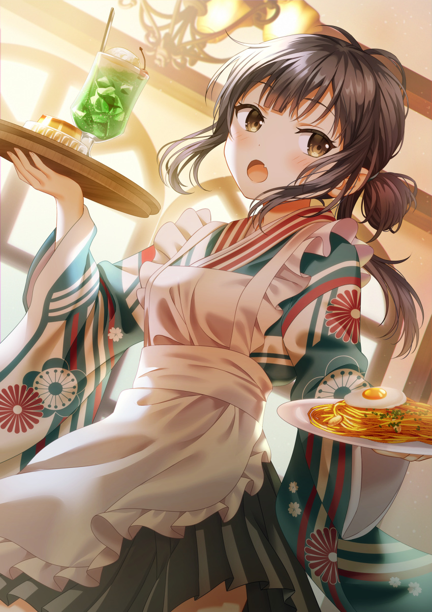 1girl apron bangs black_hair blush breasts brown_eyes commentary_request dutch_angle eyebrows_visible_through_hair fang floral_print food fried_egg frilled_apron frills green_kimono green_skirt hair_bun highres holding holding_plate holding_tray indoors japanese_clothes kimono long_hair looking_at_viewer maid_headdress melon_soda open_mouth original plate pleated_skirt print_kimono pudding skirt small_breasts solo tray wa_maid white_apron yuusa