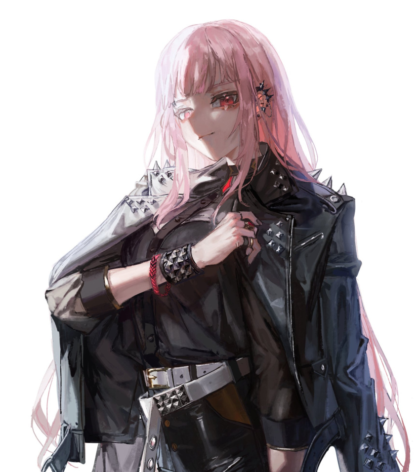 1girl bangs belt black_jacket bracelet buckle closed_mouth ear_piercing english_commentary eyebrows_visible_through_hair highres hololive hololive_english jacket jewelry leather leather_jacket long_hair mori_calliope open_clothes open_jacket piercing pink_hair quasarcake red_eyes ring shoulder_spikes simple_background solo spiked_bracelet spiked_jacket spikes studded_belt studded_bracelet virtual_youtuber white_background