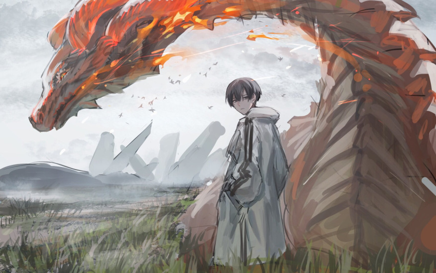 1boy bird brown_eyes brown_hair clouds cloudy_sky dragon eyelashes fire flame grass grey_sky hair_between_eyes half-closed_eyes hands_in_pockets highres human_homeosta immortal_silent looking_back outdoors parted_lips pillar red_eyes silhouette sketch sky slit_pupils standing