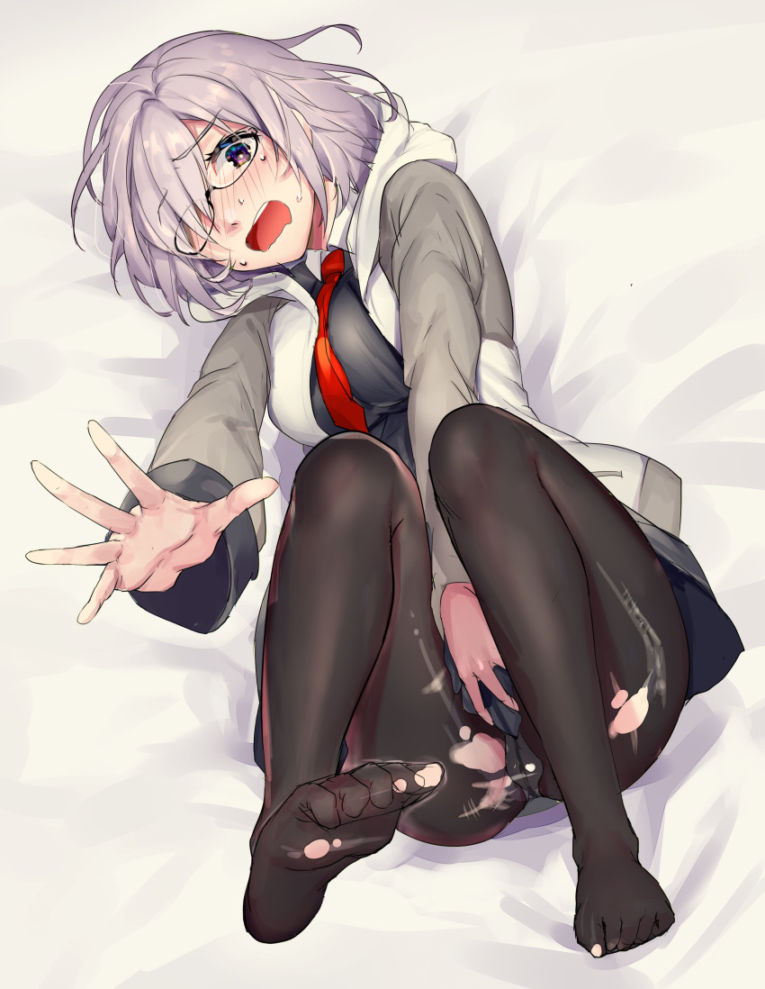 1girl absurdres black_dress black_legwear blush breasts dress eyebrows_visible_through_hair fate/grand_order fate_(series) feet glasses hair_over_one_eye highres jacket light_purple_hair looking_at_viewer mash_kyrielight mogullaz necktie panties panties_under_pantyhose pantyhose purple_hair short_hair solo toe_scrunch toes torn_clothes torn_legwear underwear violet_eyes wavy_mouth