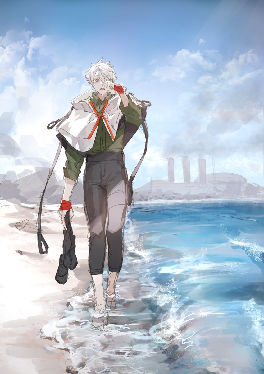 1boy bandaged_hand bandages barefoot beach blue_sky capelet clouds cloudy_sky crying crying_with_eyes_open cumulonimbus_cloud factory hair_between_eyes highres holding human_homeosta immortal_silent male_focus nuclear_powerplant ocean open_mouth outdoors red_eyes sand sketch sky smoke solo tears walking white_capelet white_hair wiping_tears