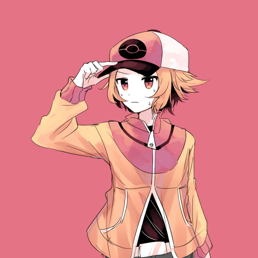 1boy alternate_color baseball_cap belt belt_buckle brown_shirt buckle closed_mouth commentary hand_on_headwear hat highres hilbert_(pokemon) jacket long_sleeves male_focus orange_eyes orange_hair orange_jacket pants pokemon pokemon_(game) pokemon_bw shirt short_hair simple_background snowsakurachan solo sweat white_belt zipper_pull_tab